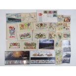 A quantity of assorted cigarette cards, postcards including embroidered and inter-war examples,