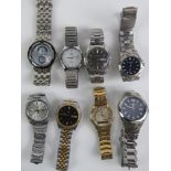 Two stainless steel Seiko 5 wristwatches, together with another stainless steel Seiko automatic,