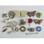 A quantity of assorted vintage brooches including mink butterfly, floral sweetheart brooch,