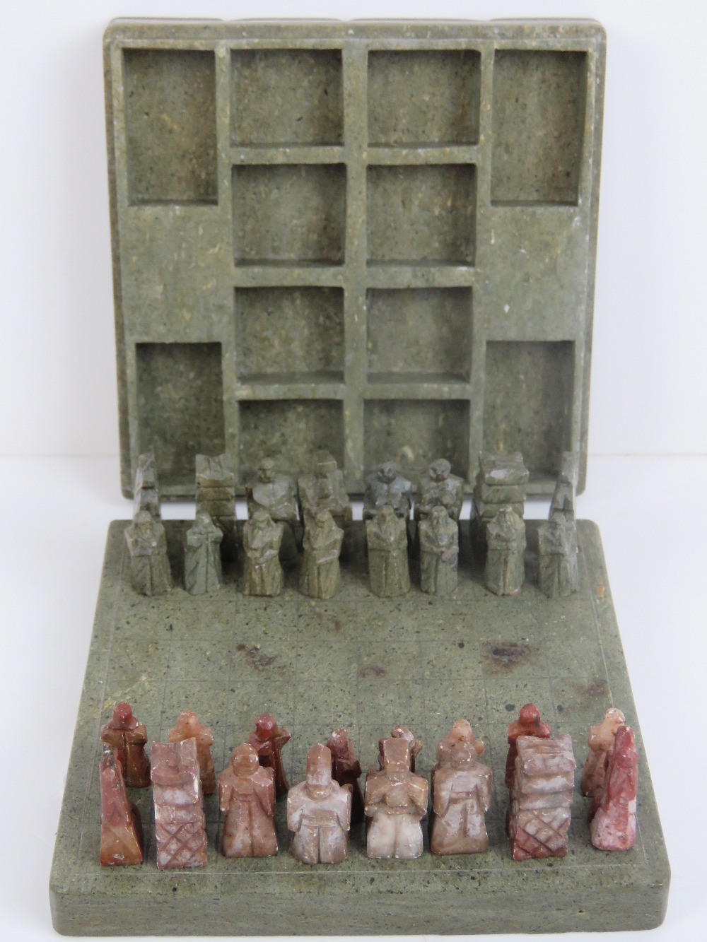A 20th century Oriental carved stone miniature chess set in case, 10cm square. - Image 2 of 5