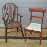 A single mahogany bar back dining chair, together with an open arm elm seated wheel-back chair.