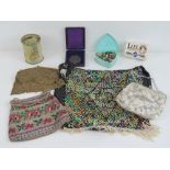 A quantity of assorted 20th century items including a chain ladies evening bag and three others,