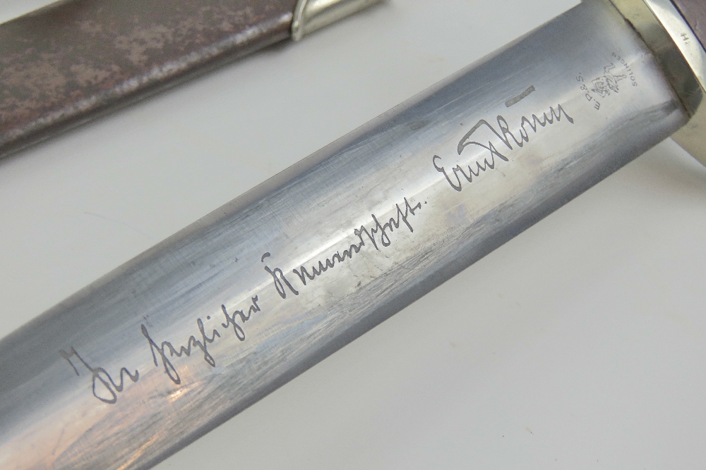 A WWII German SA dagger with full Rhom inscribed blade, having makers mark for E. - Image 3 of 10