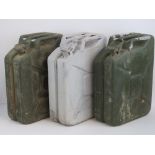 Three 20L 'Jerry' petrol cans having Broad Arrow military marks upon.