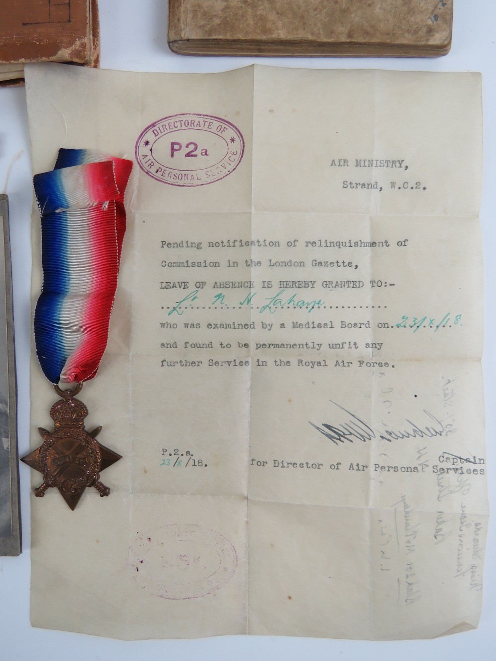 A quantity of interesting WWI ephemera for Lt NH Lahaye comprising; - Image 2 of 10