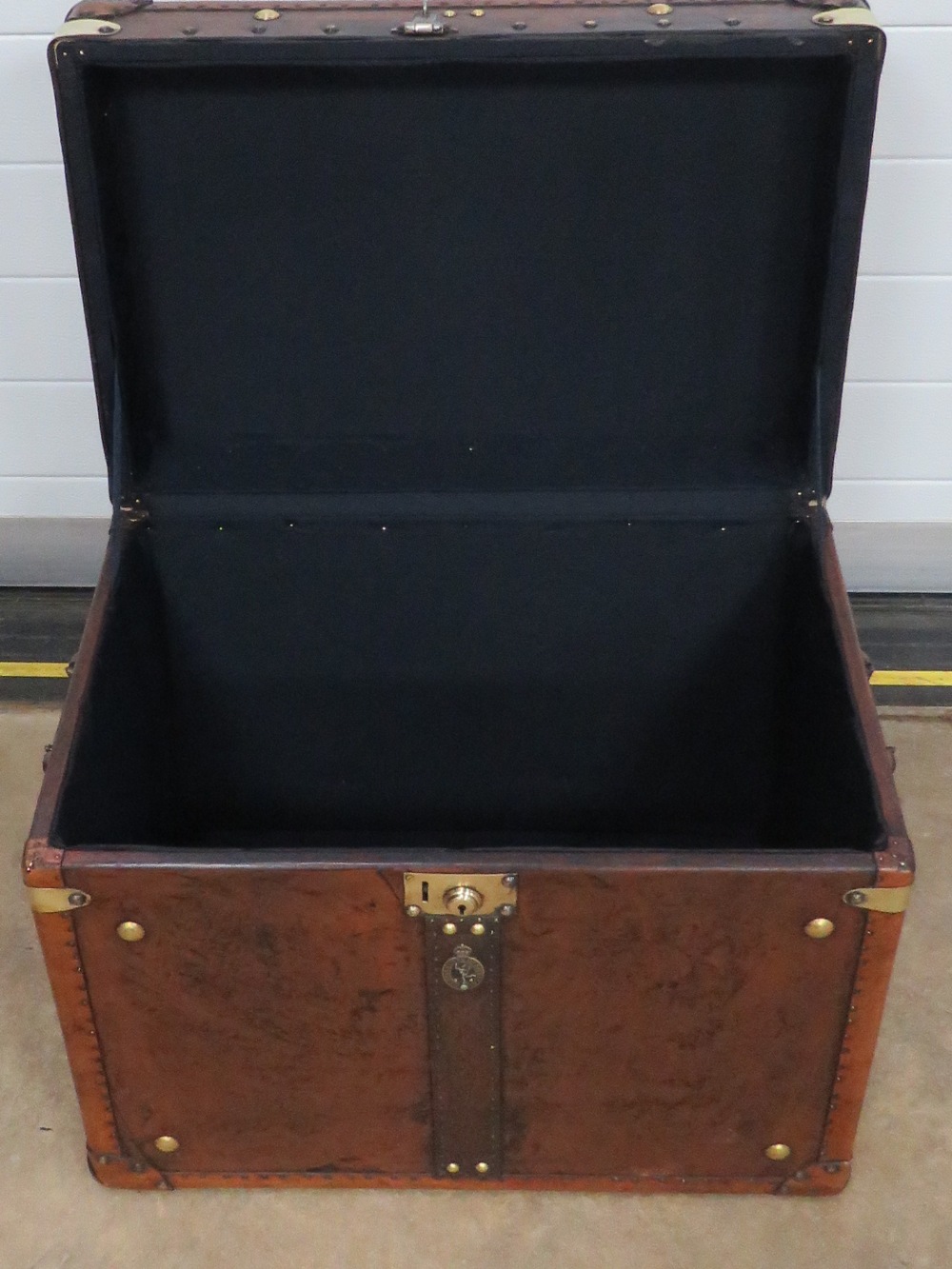 A fine pair of 'Army & Navy' style leather covered lidded trunks having brass Royal Corps of - Image 2 of 5