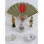 A quantity of Japanese items including two military figurines, one fan, one saki cup, two bowls etc.