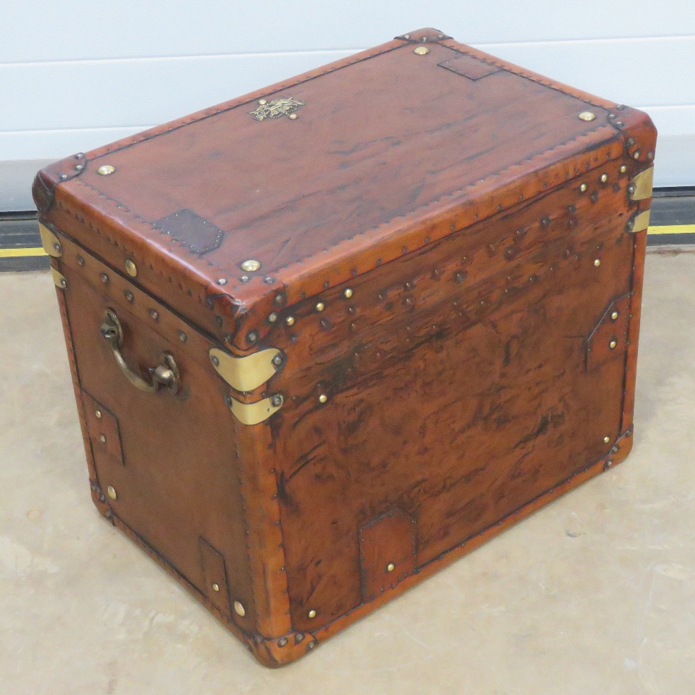 A fine pair of 'Army & Navy' style leather covered lidded trunks having brass Royal Corps of - Image 5 of 5