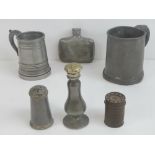 A quantity of vintage pewter items including; two flagons, salts and peppers, and hip flask.