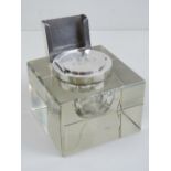 A HM silver Art Deco inkwell and card holder having square shaped glass base measuring 8.