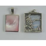 A HM silver banded blue hardstone pendant having silver scene of gnome on toadstool,