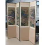 A four section contemporary freestanding three fold screen having hand painted panels upon,