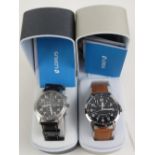 Two Loris boxed wristwatches each with stainless steel watch head, with instructions, black dials.