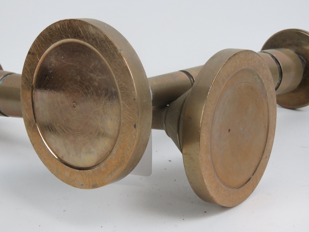 A fine pair of heavy Art Deco graduating and banded solid brass candlesticks, - Image 2 of 2