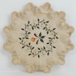 A shaped and carved inlaid alabaster platter having floral mother of pearl decoration (old repair