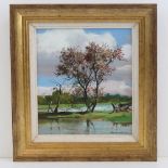 Oil on board; flooded meadow by Peter Newcombe (dated 2012), 23 x 20cm.