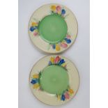 Two Clarice Cliff Crocus pattern side plates, each 16cm dia.