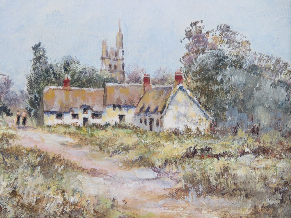 Oil on canvas; village scene with church beyond, signed lower right Spencer Long, 25 x 29cm. - Image 3 of 3