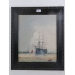 Watercolour; a fine study of HMS Trafalgar at anchor, sails furled,