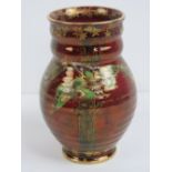 A Fieldings Crown Devon rouge ground rippled butterfly vase, 13cm high. A/f.