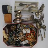 A quantity of assorted costume jewellery, plated spoons, hand fan, HM silver handled shoe horn, etc.