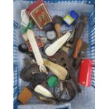 A quantity of interesting bygones and collectables including; horn shoehorns, button polishers,