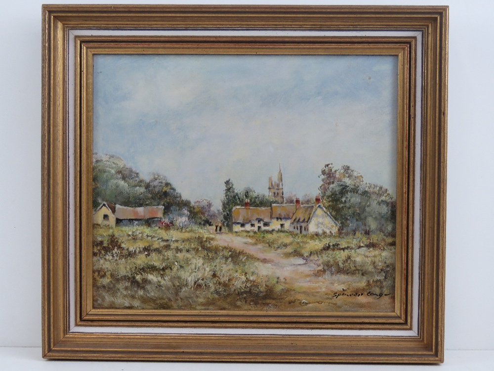 Oil on canvas; village scene with church beyond, signed lower right Spencer Long, 25 x 29cm.