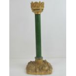 A gilt brass table lamp base having plain green column, all measuring 36cm high.