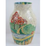 A Clarice Cliff Bizarre pattern hand painted and mottled scenic vase, trees and rivers beyond etc.