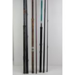 A large quantity of assorted fishing rods, weights, a TiCi GU3050m reel, a Kingfisher 300X reel,