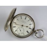 A HM silver full hunter fusee pocket watch having white enamel dial marked for Russells Ltd 18