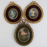 Three (2+1) contemporary gilt brass part velvet miniature frames each containing originals within.