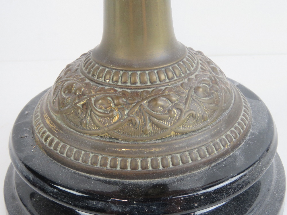 A 19th century oil lamp having brass base, orange glass reservoir with floral decoration, - Image 4 of 5