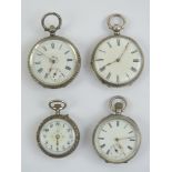 Four silver fob watches each having white enamel dials; one top wind with subsidiary seconds dial,