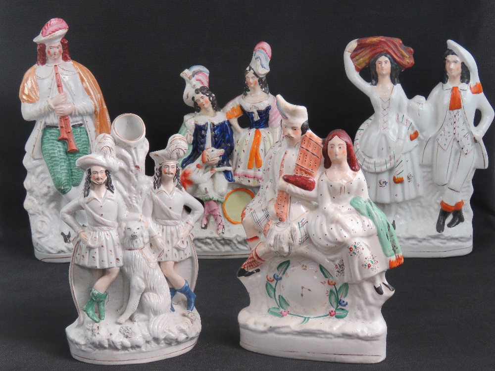 Staffordshire flatbacks; five assorted spill vases and figurines ranging in size 32 - 37cm, a/f.
