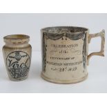 A commemorative mug for the Centenary of Wesley Methodism 1839 together with a vintage ideal food
