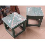 Two painted green vintage wooden garden planter stands, each 38cm wide.
