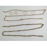 Two rose metal chains, a/f, together with two pairs of hoop earrings, no apparent hallmarks, 14.4g.