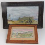 Oil on board; Donkey races across a beach, fort and lighthouse beyond, 27 x 47cm.