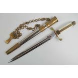 A Bulgarian Army Officers dagger with scabbard and chain hanger, blade measuring 23.5cm in length.