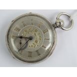 A HM silver open face fusee pocket watch having white metal dial with rose metal Roman numerals,