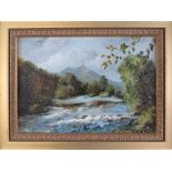 Two contemporary oil on board landscape pictures by Arthur Baker; River Lugy, Near Capel Curig,
