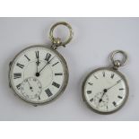 Two fine silver open face pocket watches, each having white enamel dial and blued steel hands,