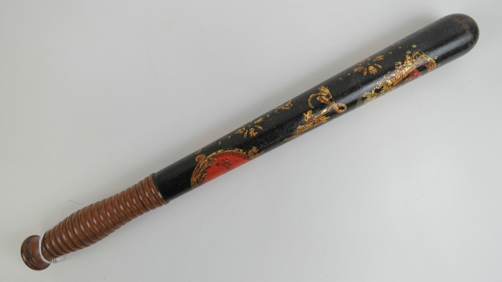 A Victorian truncheon having black ground painted crown with VR cypher, beehive handle, - Image 2 of 5