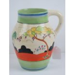 A Clarice Cliff Tulip pattern isis handled jug measuring 19.5cm high.