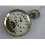 A 925 silver open face top wind pocket watch having partial skeleton front and enamel dial with