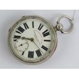 A HM silver open face fusee pocket watch having white enamel dial marked 'The Railway Lever