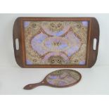 An early Edwardian Brazilian tray, mahogany frame decorated with iridescent butterfly wings within,