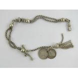 A white metal Albertina watch chain having George III three pence and Victoria six pence upon,