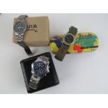 A boxed Avia wristwatch with black dial and stainless steel bracelet.